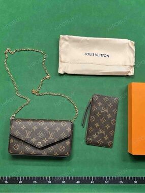 Louis Vuitton Brown Monogram Crossbody Wallet & Pouch Set with Gold Chain